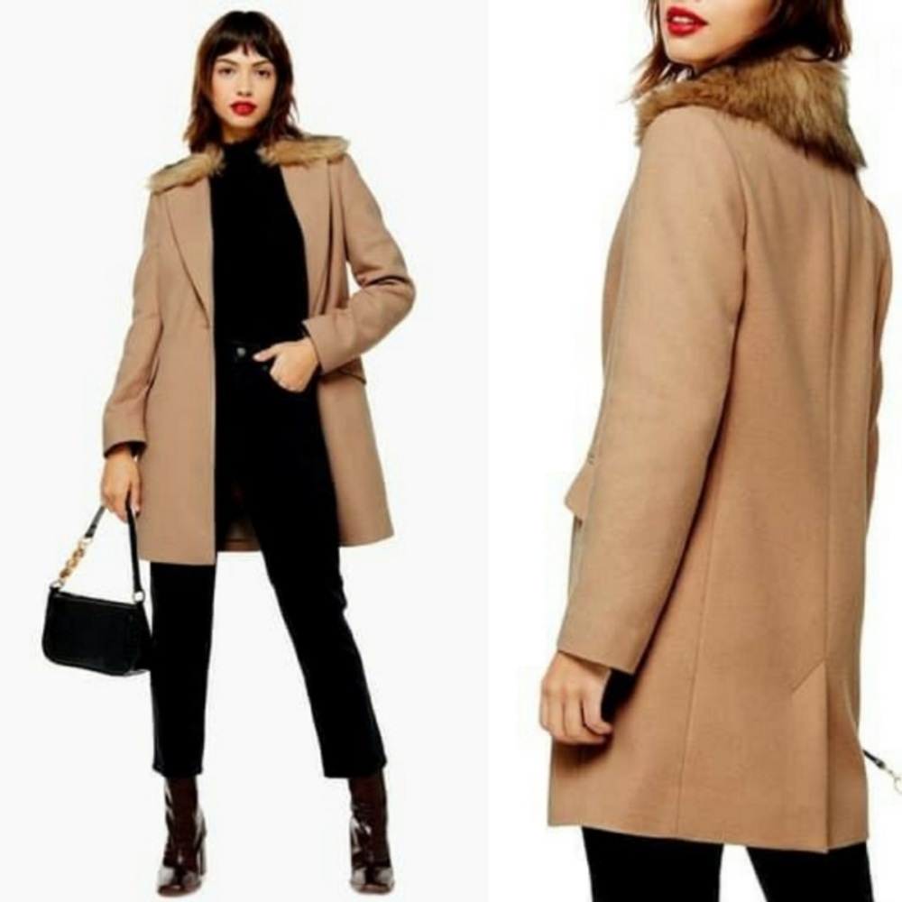 Topshop Faux Fur Collar Long Peacoat